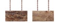 Old empty wooden signs hanging on chain isolated