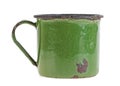 Old enamel metal mug on white background