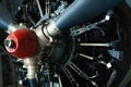 Old engine details of vintage propeller plane, closeup view Royalty Free Stock Photo