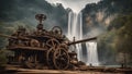 old engine Steam punk waterfall of invention, with a landscape of wooden gears and tools, with a Ban Gioc waterfall