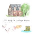 Old English cottage house. Countryside home, hand drawn illustration Royalty Free Stock Photo