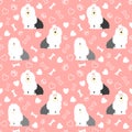 Old English Sheepdog seamless pattern background with hand drawn bones, paws and hearts. Cartoon dog background.