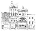 Old English town houses with small shop or business on ground floor. Sketch collection