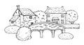 Old english village scene. Vector sketch hand drawn illustration. Cartoon outline houses, bridge and plants