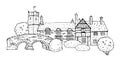 Old english village scene. Vector sketch hand drawn illustration. Cartoon outline houses facades, bridge and plants