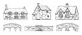 Old english village vector sketch hand drawn illustration. Set of cartoon outline houses facades and bridges Royalty Free Stock Photo