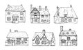 Old english village vector sketch hand drawn illustration. Set of cartoon outline houses facades