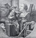 Old engraving of child studying sculpture from a vintage book Madame de Pomadour by E. de Goncourt, 1888