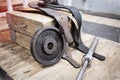 Old equipment for powerlifting, on the wooden