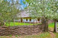 The hata house and blooming garden in Mamajeva Sloboda Cossack Village, Kyiv, Ukraine