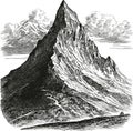 old etch of a mountain in black and white