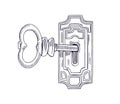 Old etched key inside lock, keyhole unlocking ancient door. Outlined contoured engraved drawing in retro style. Vintage Royalty Free Stock Photo