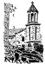 Old european Church, Vector hand drawn ink sketch