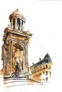 Old European city building raster watercolor illustration