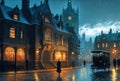 Old European city landscape, night city in the rain painting, historical cityscape, London street of 19th century