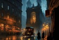 Old European city landscape, night city in the rain painting, historical cityscape, London street of 19th century