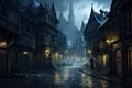 Old European city street with Gothic architecture and a dramatic atmosphere.
