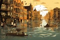 old european city on the water at sunset, vector illustration, illustration of flood water disaster in city, AI Generated