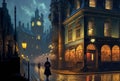 Old European cityscape, historical city landscape, evening town with glowing lights, London or Prague of 19th century