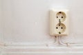 Old european electricity socket with cables on the wall