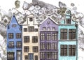 Old European houses. Watercolor illustration for decoration and design of souvenirs, posters, postcards, booklets