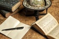 Old expedition map with notebook. books and globe Royalty Free Stock Photo