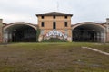 an old factory abandoned graffiti on the wall Royalty Free Stock Photo
