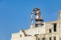 Old factory buildings and chimneys under blue sky