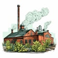 Vintage Industrial Plant Illustration With Detailed Foliage Royalty Free Stock Photo