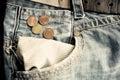 Old faded jeans with euro coins in empty pocket