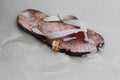 Old faded pale pink beach slipper, small crab on it