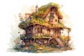 Old fairy tale wooden house on white background in watercolor style Royalty Free Stock Photo