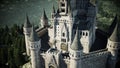 Old fairytale castle on the hill. aerial view. 3d rendering.