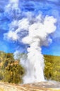 Old Faithful geyser colorful painting looks like picture, Yellowstone National Park, USA.