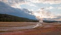 Old Faithful Geyser at dawn as seen from the Old Faithful Inn in Yellowstone National Park in Wyoming Royalty Free Stock Photo