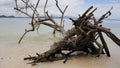 AN OLD FALLEN TREE LYING ON THE BEACH GIVES THE ACCENTUATION OF THE BEAUTY OF THE BEACH