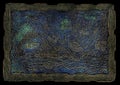 Old fantasy map with medieval unknown land, towns, mountain and trees and decorated frame against textured background. Graphic Royalty Free Stock Photo