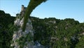 Old fantsay castle on a high cliff, rock. Aerial view. fabulous landscape.