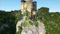 Old fantsay castle on a high cliff, rock. Aerial view. fabulous landscape.