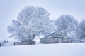 Old farm building with frost-covered trees Royalty Free Stock Photo