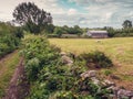 Old farm building with round metal roof, Green field, small road and stone fence. Rural landscape