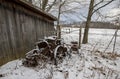 Old Farm Equipment At Old Barn In Vermont