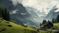 Old farm house in the swiss alps with a creek nearby created with Generative AI