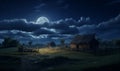 Old farm at night, beautiful ancient rural landscape with moon and stars, generated by ai