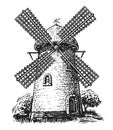 Old farm windmill. Sketch engraving style. Hand drawn mill vector illustration Royalty Free Stock Photo