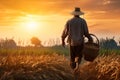 Old farmer carrying a basket of rice in the field. Generative AI