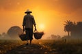 Old farmer carrying a basket of rice in the field. Generative AI