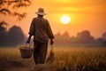 Old farmer carrying a basket of rice in the field. Generative AI