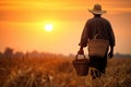 Old farmer carrying a basket of rice in the field. Generative AI