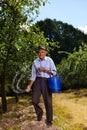 Old farmer fertilizing in an orchard Royalty Free Stock Photo